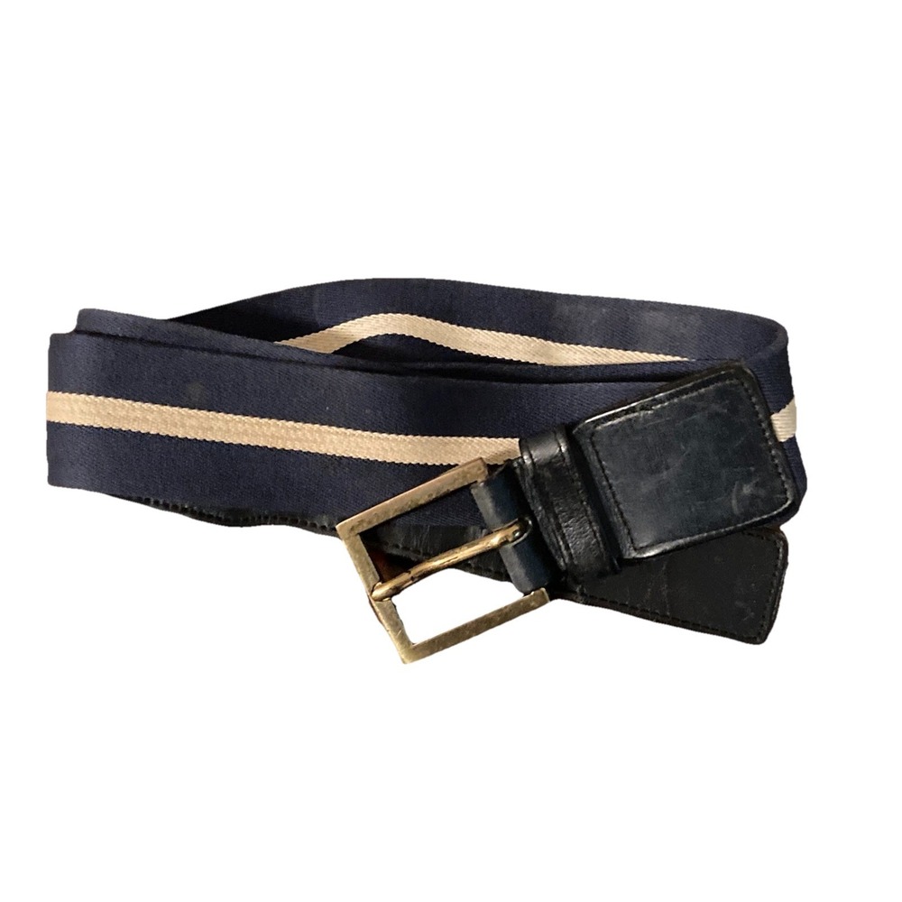 COACH BELT Men's 38-40 Navy Blue‎ Leather Beige Striped Preppy Luxury
